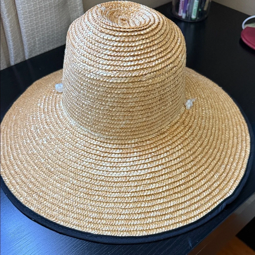 Natural Straw Wide Brim Hat with Black Trim and tie unisex